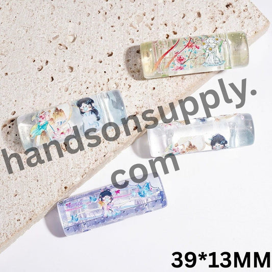 Adorable Baby Girl Doll Blowing Bubble Print Oval Cylinder Shape Clear Acrylic Beads, Two Holes, 39*13MM, Random Mix