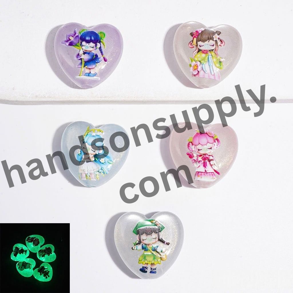 Luminous Sleeping Girl with Flower, Butterfly & Grass Prints Cat-Eye Heart Shaped Acrylic Beads, Gold Glitter, 23*24MM, Random Mix