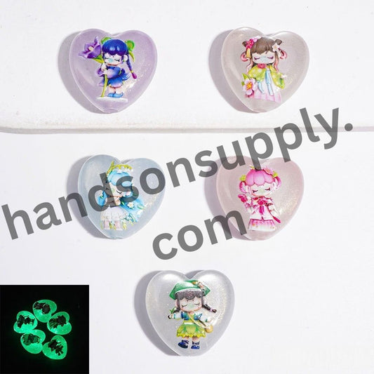 Luminous Sleeping Girl with Flower, Butterfly & Grass Prints Cat-Eye Heart Shaped Acrylic Beads, Gold Glitter, 23*24MM, Random Mix