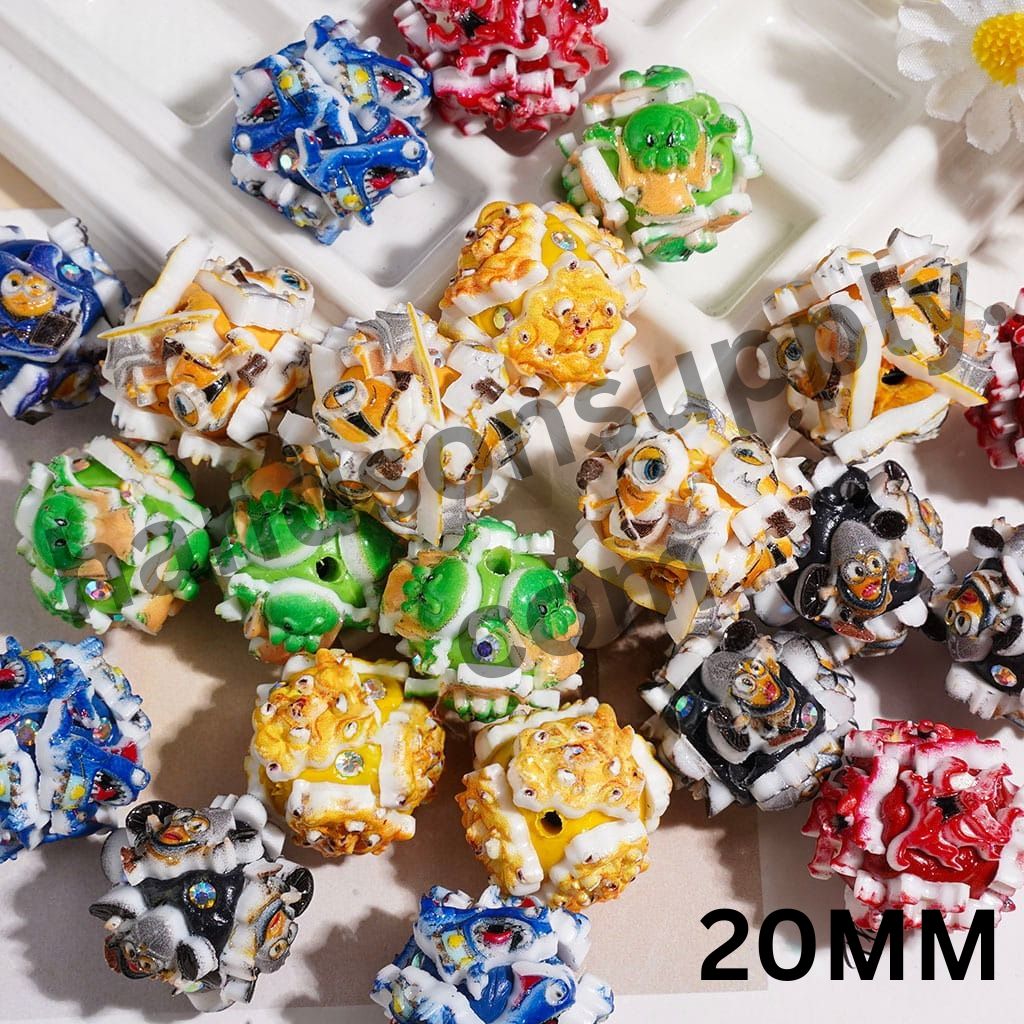 Playful Yellow Banana, Shark & Octopus Monster Character with Sparkling AB Rhinestones Clay Beads, 20MM, Multicolor, Random Mix