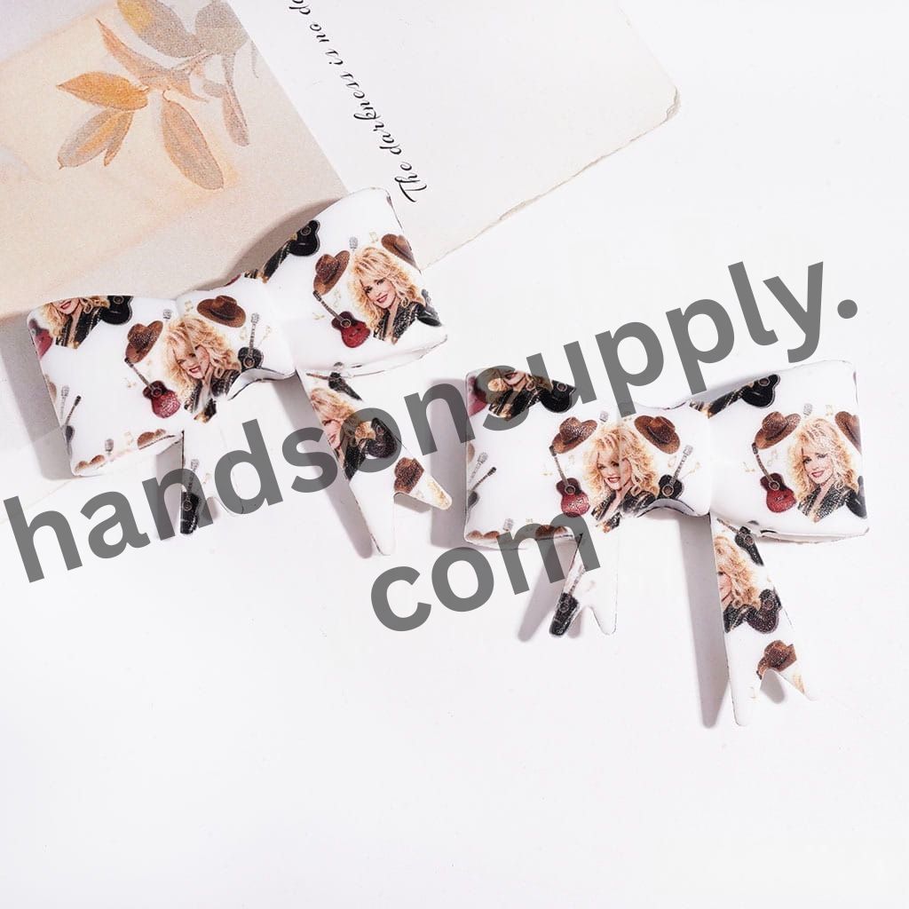 UV Printed American Country Singer, Brown Cowboy Hat and Guitar White Bowtie-Shaped Silicone Focal Beads, 53*59MM