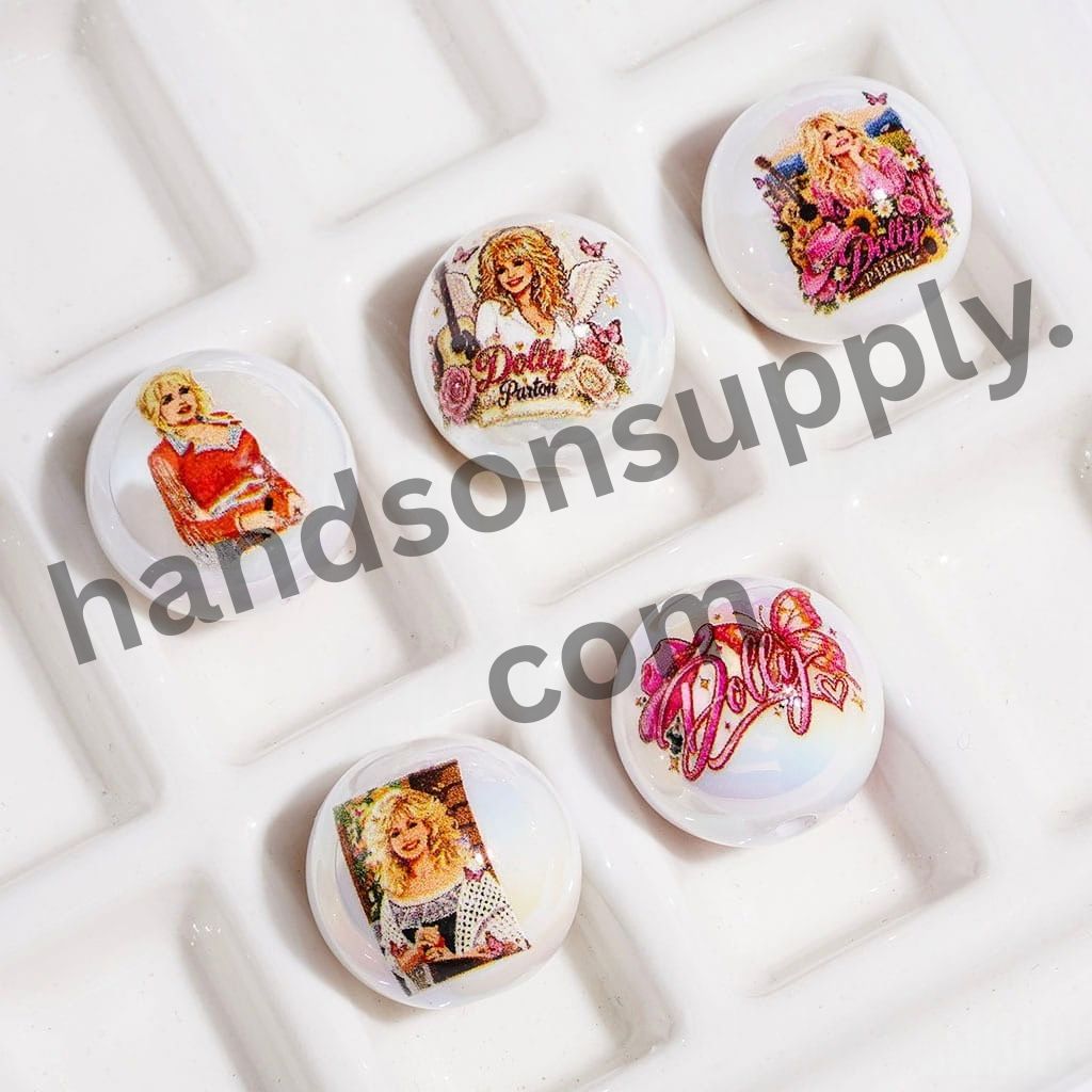 UV-Coated Rustic American Countryside Singer Character Printed Round Acrylic Beads for Bracelets, 16MM, Random Mix