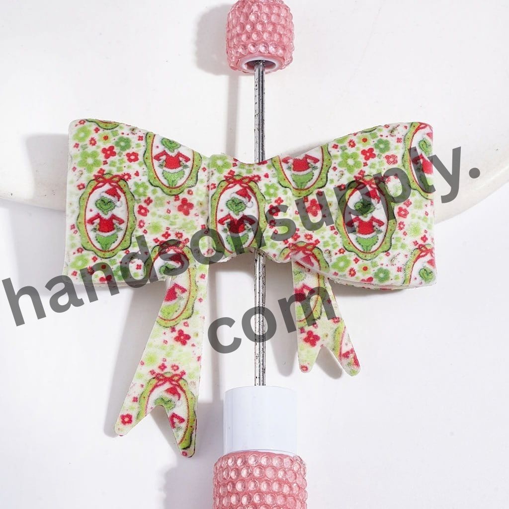 UV-Printed Festive Green Christmas Character with Magic Mirror & Floral Pattern Bowtie Shape Silicone Focal Beads, 53*59MM