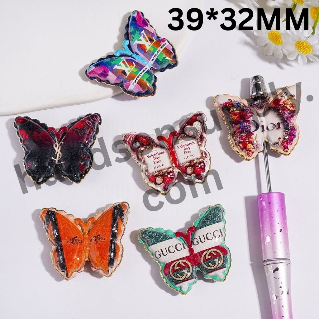 Luxury Fashion Brand Print with Gold Border Butterfly-Shaped Acrylic Beads, 39*32MM Random Mix