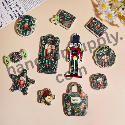 Cute Nutcracker Soldier Green Series Printed Acrylic Beads & Pendants, Random Mix
