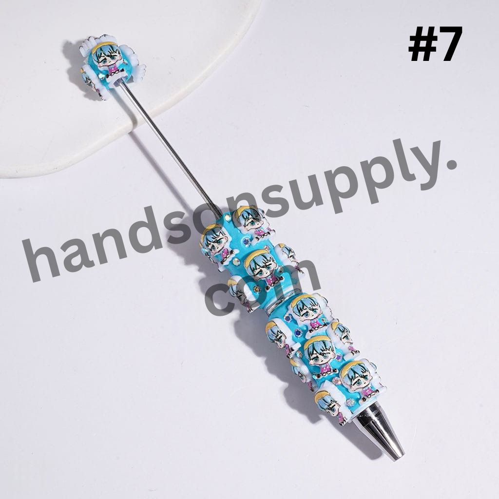 Cute Chibi Anime Girl & Boy Band Character Diverse Hair Colors, AB Rhinestones Beadable Pens, Multi Colors Random Mix