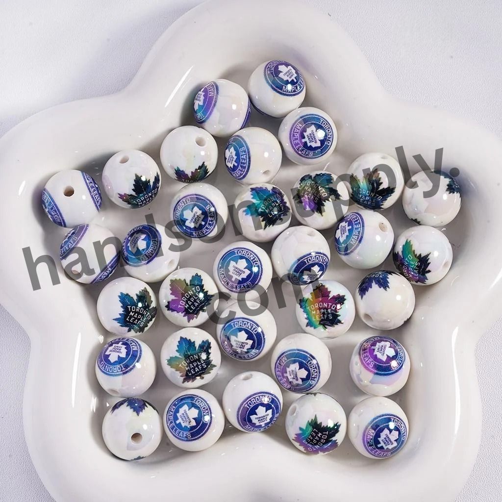 Round with UV Coating Ice Hockey Team Pattern Acrylic Beads for Bracelets, 16MM