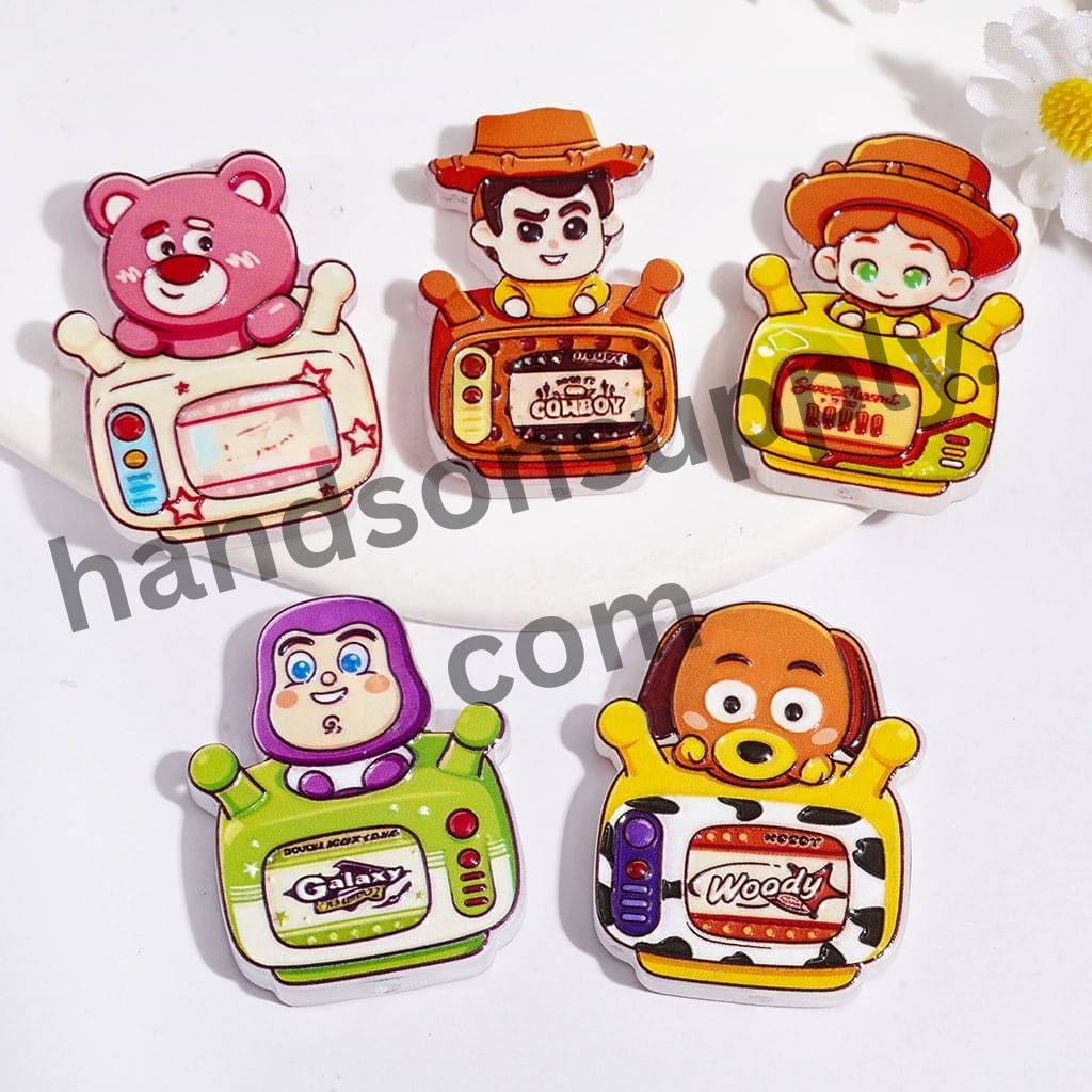 Cute Toy Adventure Character Series with Pink Bear, Dog & Puppet Sitting on Television Acrylic Beads, Random Mix
