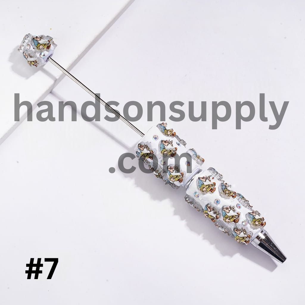 Beadable Clay Pens with White Snow Princess and Seven Gnome Elf Character, AB Rhinestones