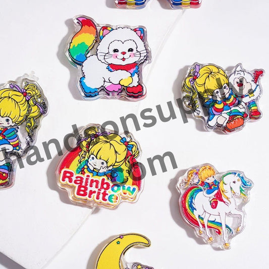 Colorful Rainbow Design Blue Dress Girl Character Series Semi-Clear Acrylic Beads, Random Mix
