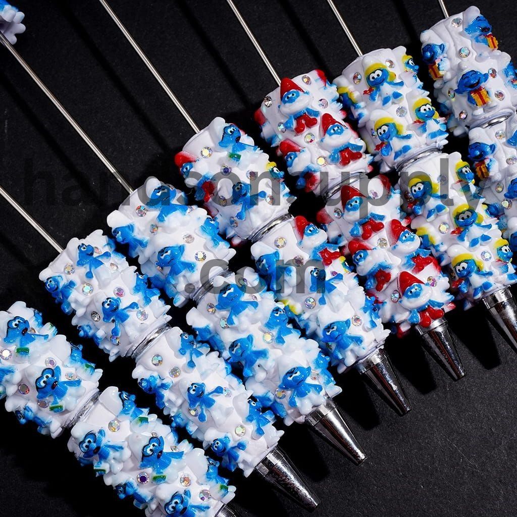 Adorable Blue Elf Cartoon Character Character Series with Sparkling AB Rhinestones on White Base Beadable Clay Pens