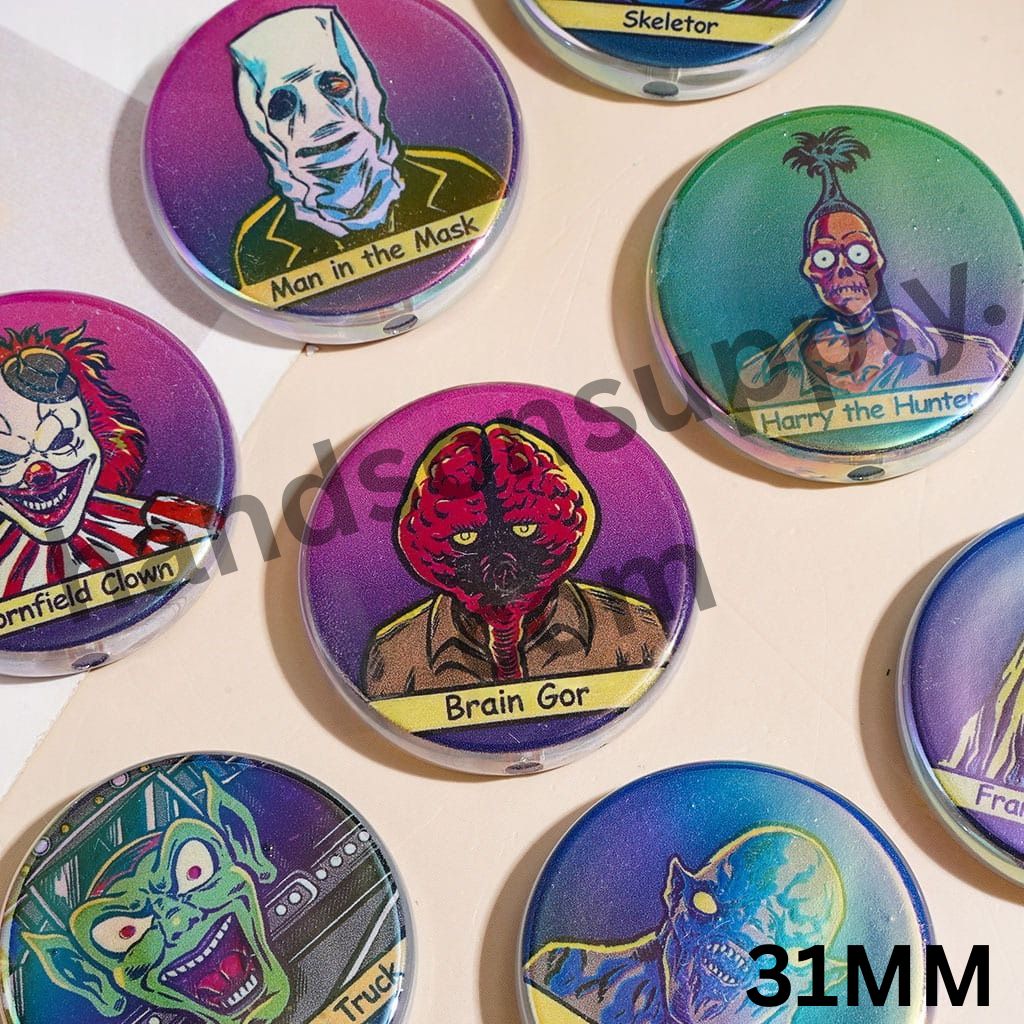 UV-Coated Spooky Monster Halloween Themed Flat Round Shape Acrylic Beads, 31MM, Random Mix