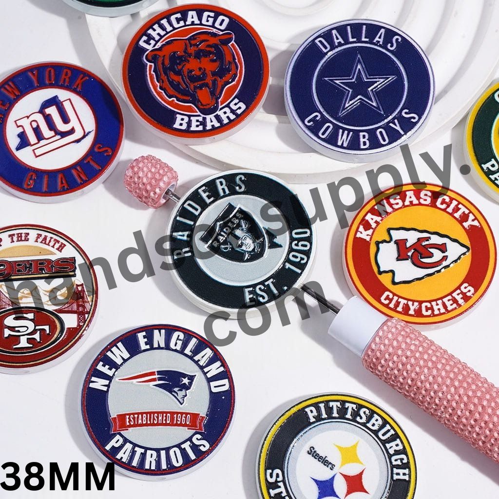 American Football Team Logo Designs Flat Round Acrylic Beads, 38MM, Random Mix