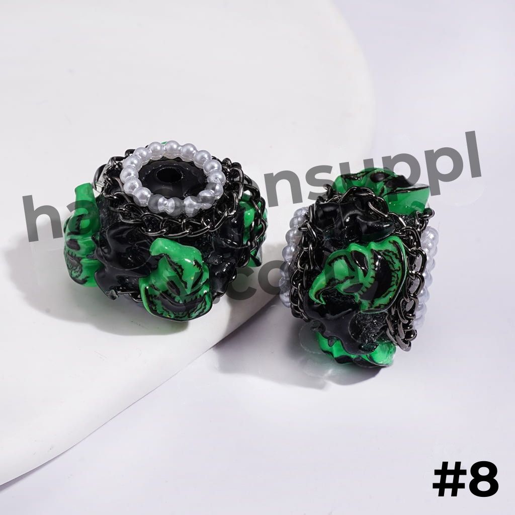 Horror Character with Black Tassel Chains White Pearls & AB Rhinestones Handmade Acrylic Beads