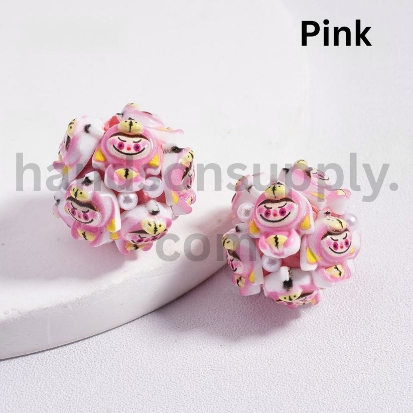 Labubu Monster Faces Pop Mar with White Pearl Accents, Clay Beads Multi-Color 20mm