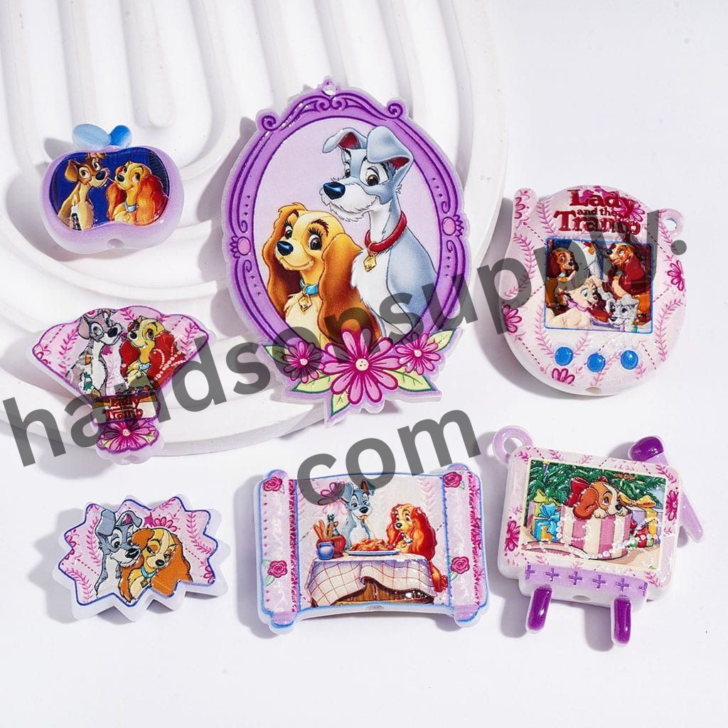 Retro Retro Romantic Dog Couple Character Acrylic Beads & Pendants in Pink and Purple, Random Mix