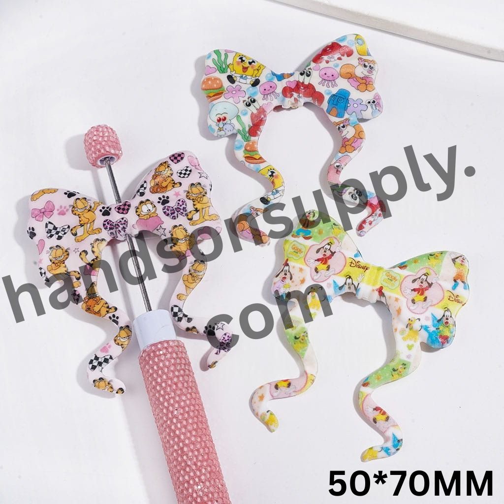Playful Lazy Cat, Pet Dog, and Sponge Character Prints Long Ribbon Bowknot PVC Soft Rubber Beads, 59*70MM, Random Mix