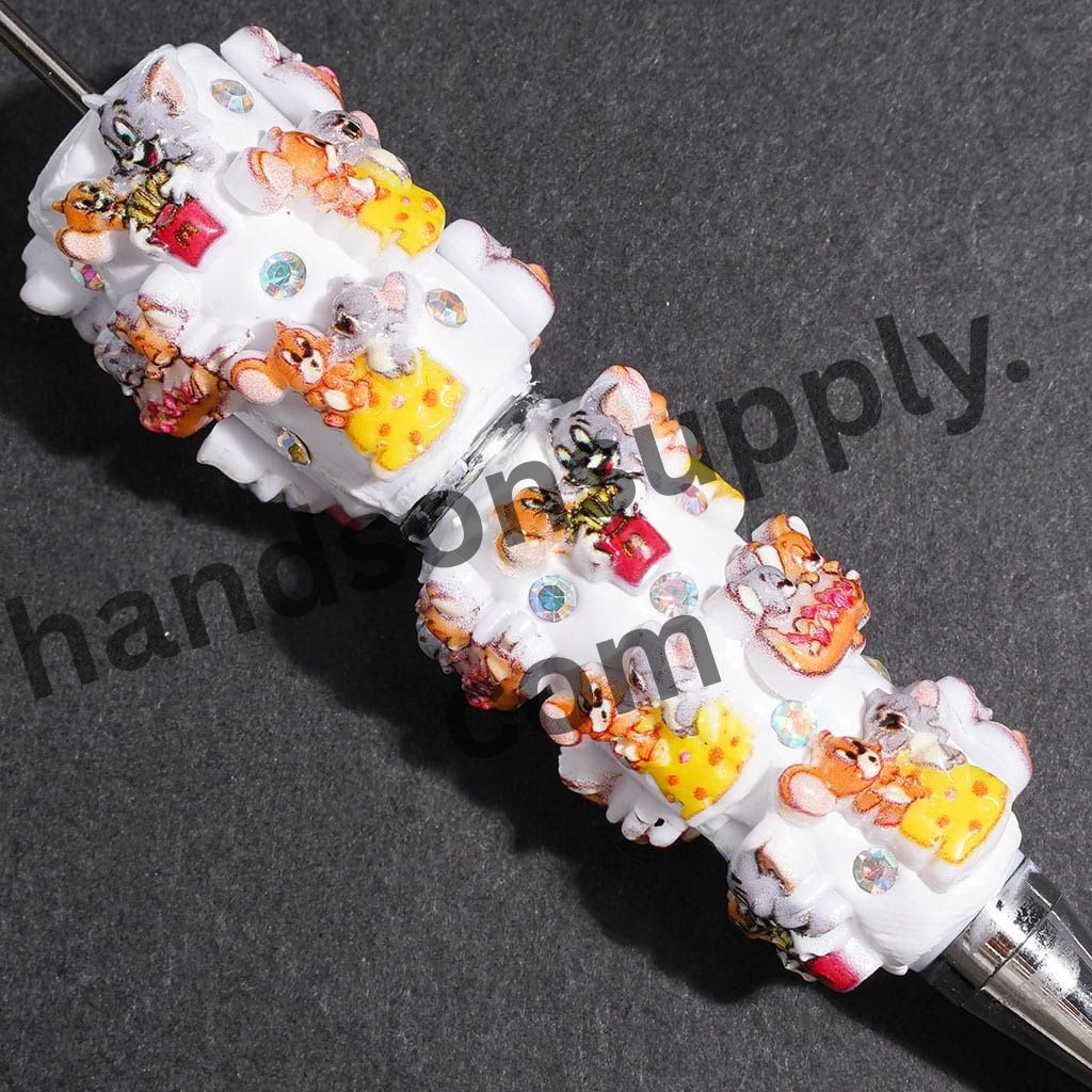 Playful Cat and Mouse Food Character Series with Sparkling AB Rhinestones Beadable Clay Pen