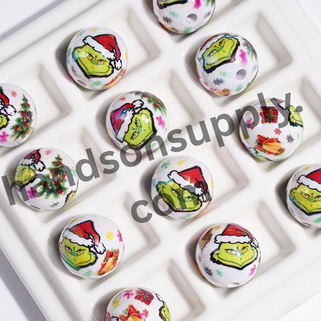 UV-Coated Christmas Green Character Portrait with Gift Box & Ball Tree Printed Round Acrylic Beads for Bracelets, 16MM