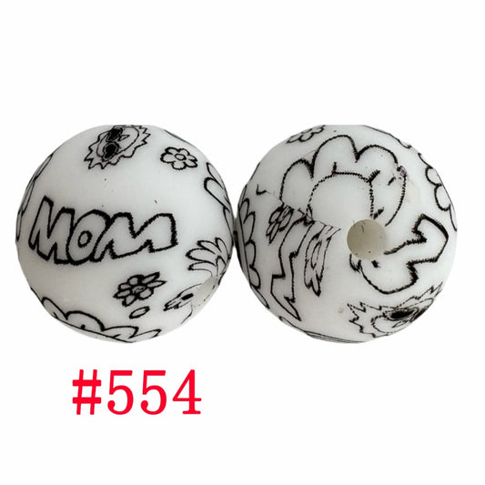Mom Sun Flowers Black and White Printed Silicone Beads, 15mm, Number 554