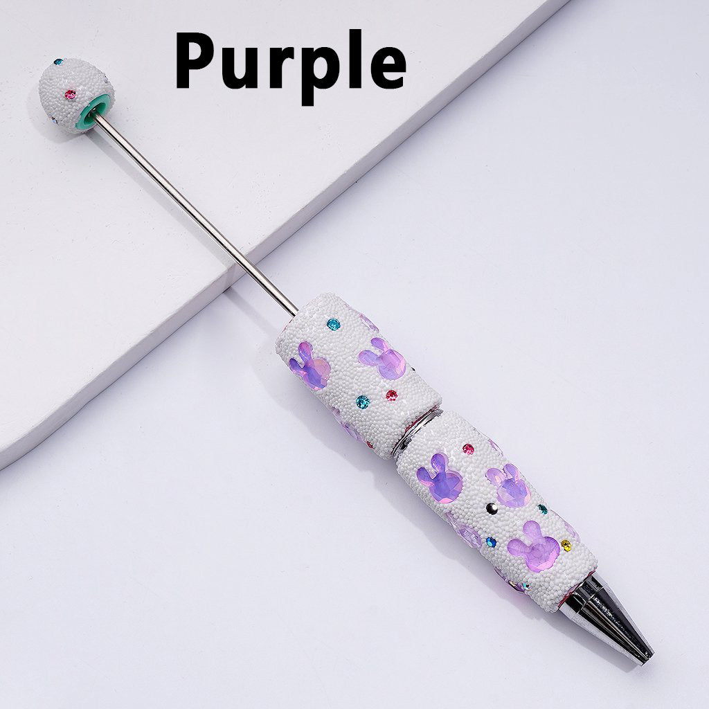 Beadable Clay Pens Covered with Colorful Shiny Rhinestones Mini Snow Balls and Cute Bunny Heads Along the Entire Pen