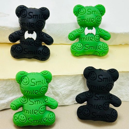 White Bowknot with 3D Green Black Cute Smile Face Bear Silicone Focal Beads, Random Mix