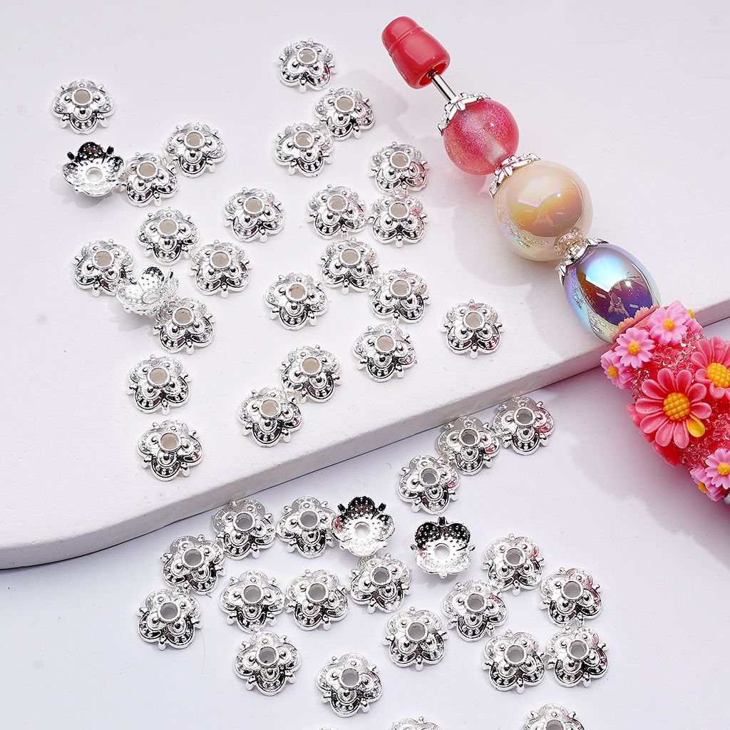 Plum Blossom Flower Bead Cage Cap Fancy Silver Alloy 10MM