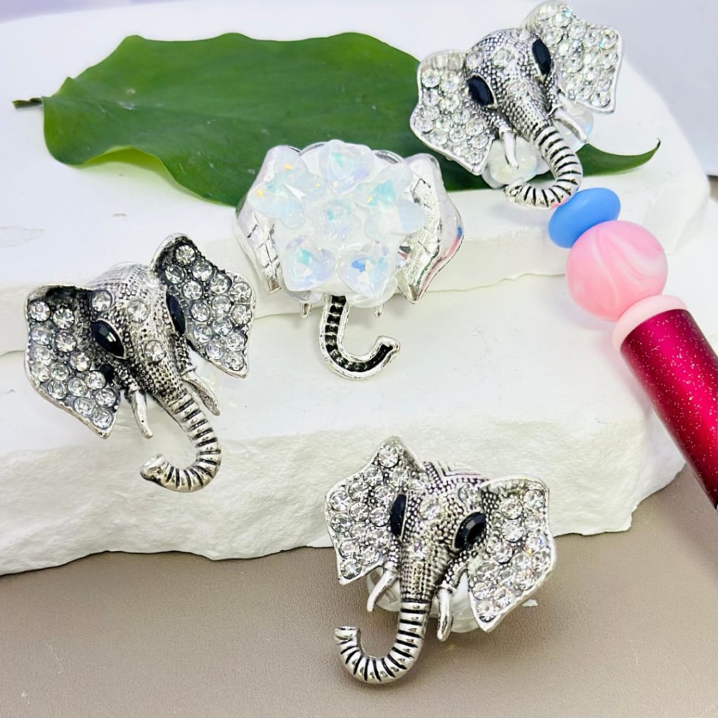 Silver Alloy Bling Bling Fancy Elephant Head with Clear Rhinestones, Heart, Butterfly, Snowflake, and Clay Beads, Around 35*35mm