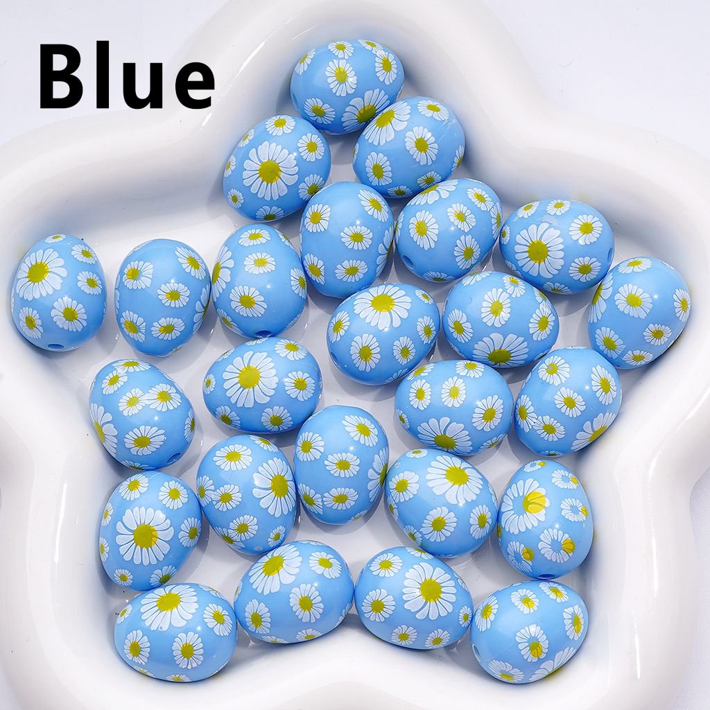 Mini Multi-Color Acrylic Beads – Cute Daisy Flower Print in Oval Egg Shape, 20x16MM