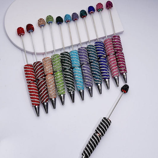 Clay Beadable Pens – Covered in Dual-Color Rhinestones with Oblique Striola Stripes