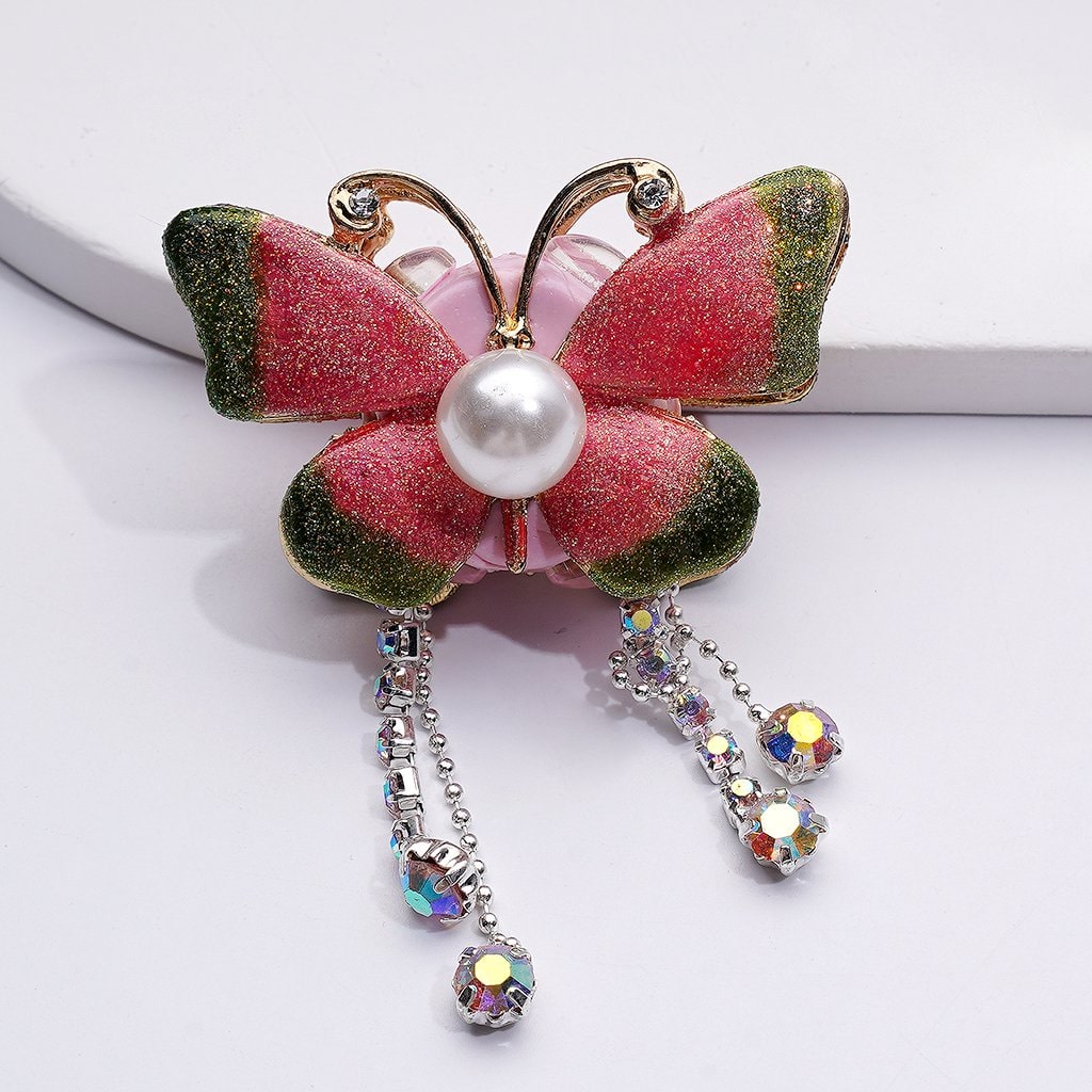 Elegant Gold Alloy Butterfly Charm – Sparkling Rhinestones, White Pearls & Decorative Chain with Clay Beads (Approx. 46×26×26MM)
