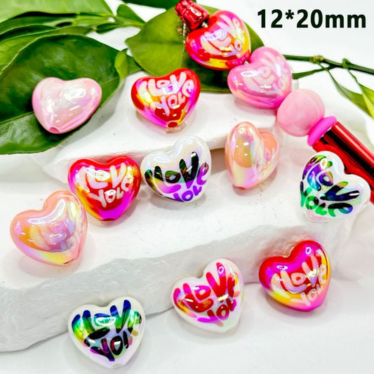 Shiny Colorful Heart UV Finish Acrylic Beads with Love You Valentines, 19*21MM