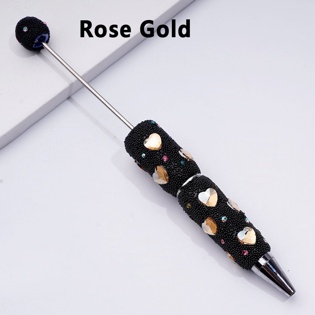 Clay Beadable Pens – Covered in Mini Rhinestones, Shiny Heart Accents & Black Snowball Texture