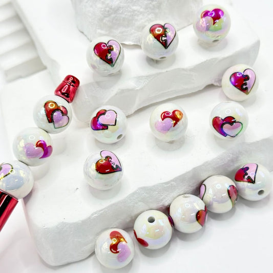 Pink & Red Hearts Love Valentines White Round UV Finish Acrylic Beads, 16MM