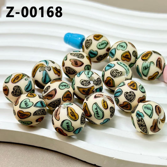 Hearts Beige Color Round Printed Colorful Silicone Beads 15mm, Number Z-00168