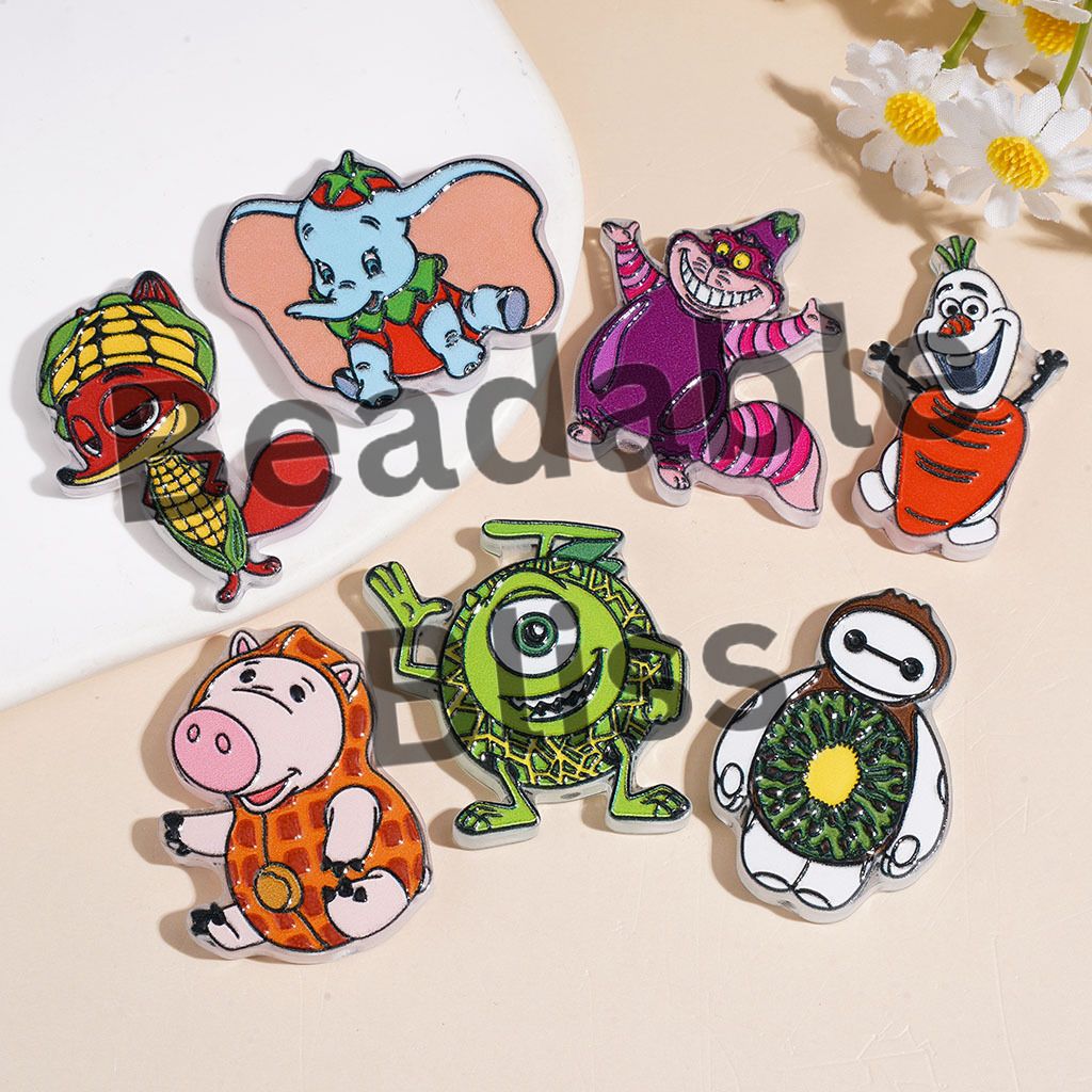 Acrylic Beads Fruit & Vegetable Shaped Animal, Fox Elephant Cat Green One-Eyed Monster White Snow Robot Pig, Random Mix