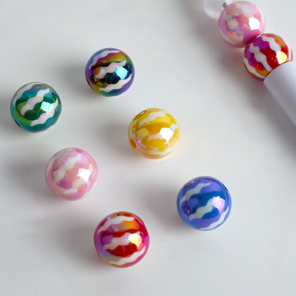Glossy Striped Watermelon Pattern Acrylic Beads 16mm