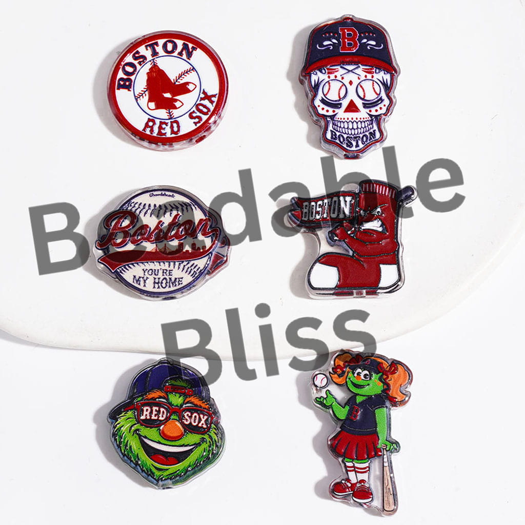 American Baseball Boston Red Sock Team Acrylic Beads, Semi-Clear, Random Mix