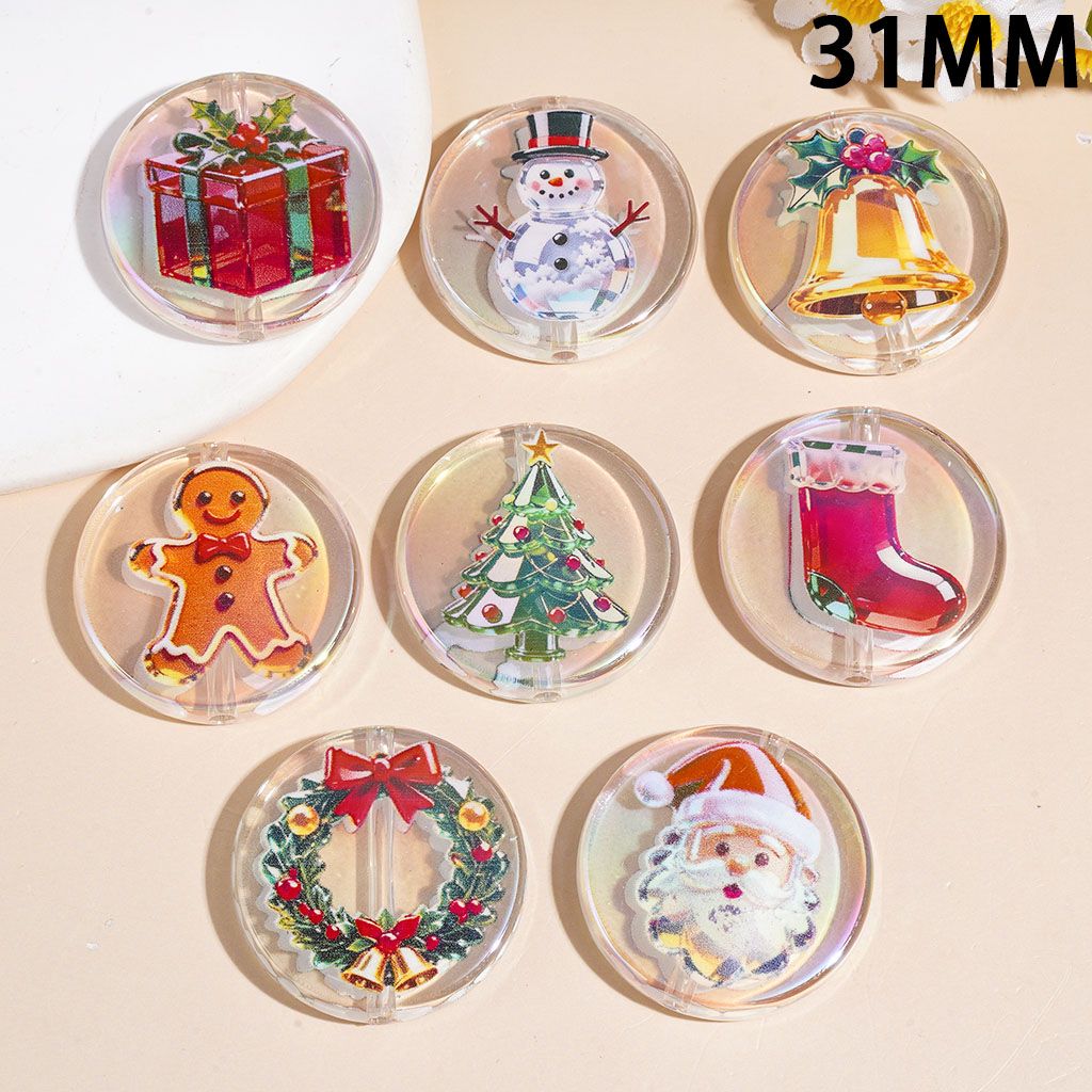 Gift Box Snowman Bell Gingerbread Man Christmas Tree Stock Wreath Santa Claus Print UV-Coated Acrylic Beads, Flat Round Shape, 31MM Random Mix