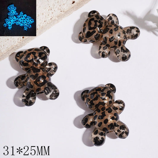 Luminous Brown and Black Leopard Print Bear Character with Glitter Acrylic Beads, 31*25MM