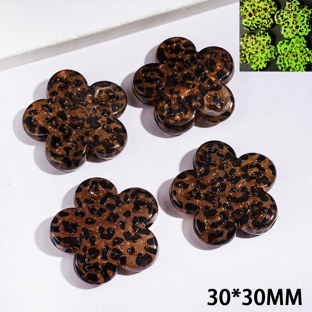 Luminous Adorable Red and Brown Leopard Printed Five-Petaled Flower with Glitter Acrylic Beads, 30*30MM