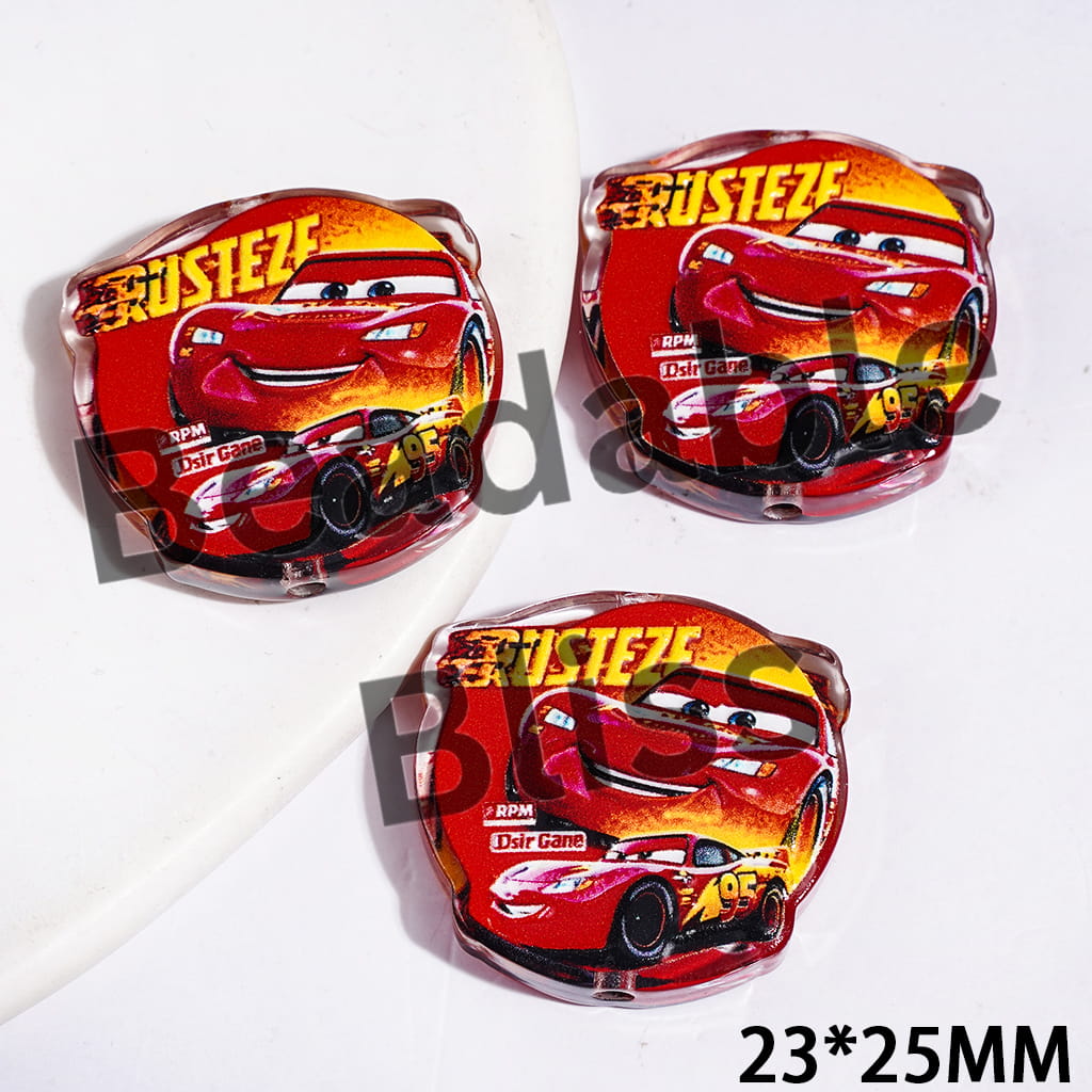 Semi-Clear Acrylic Beads with Red Flamed Sports Car, 23*25MM