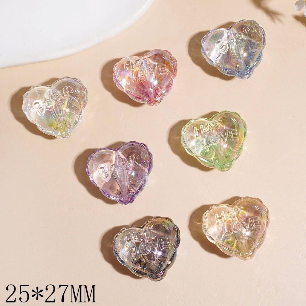 UV-Coated Acrylic Beads Heart with Wavy Edged and Text, Clear, 25*27MM Multi-Color Random Mix