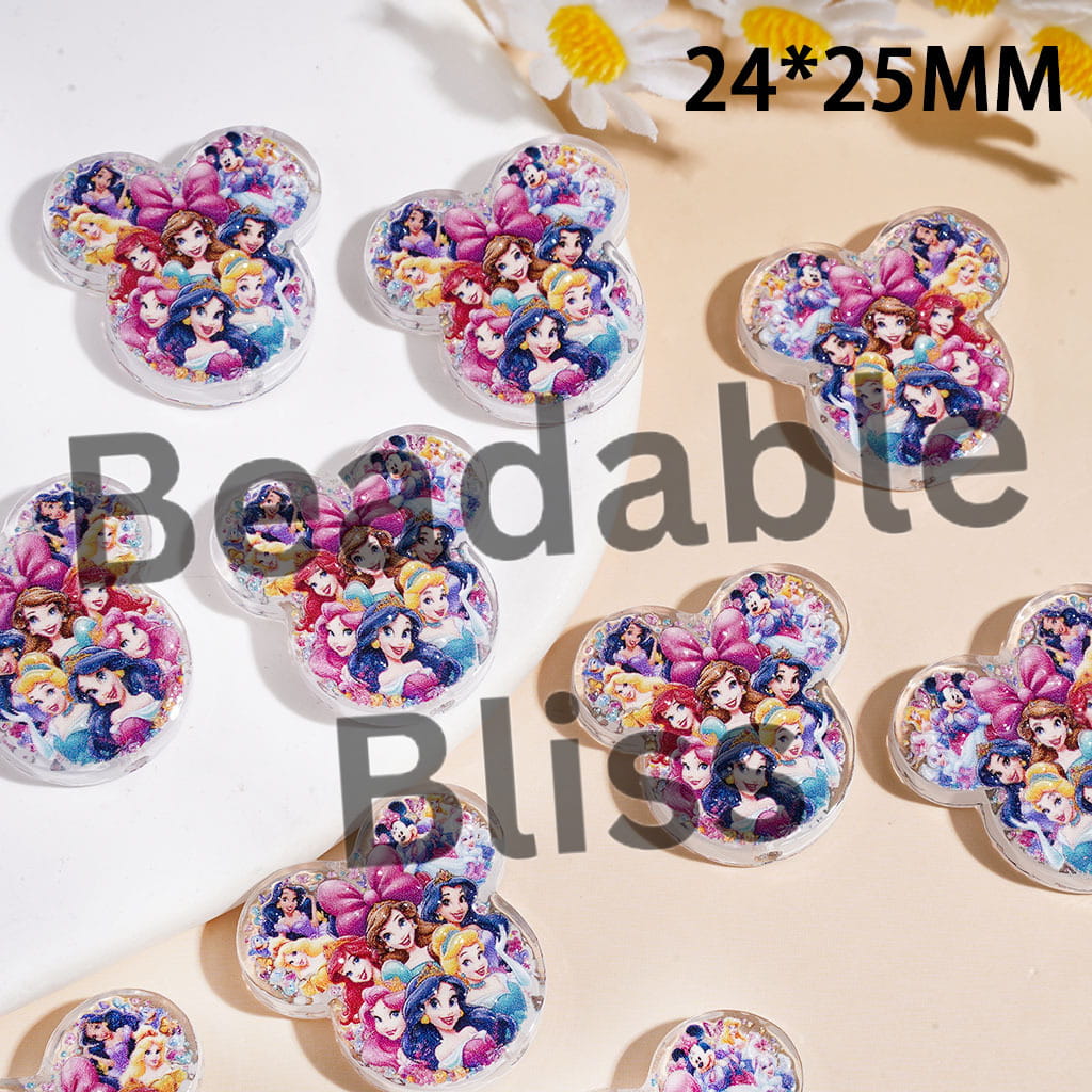 Acrylic Beads Mouse Head Shape with Classic Beautiful Princess Character Prints, 24*25MM