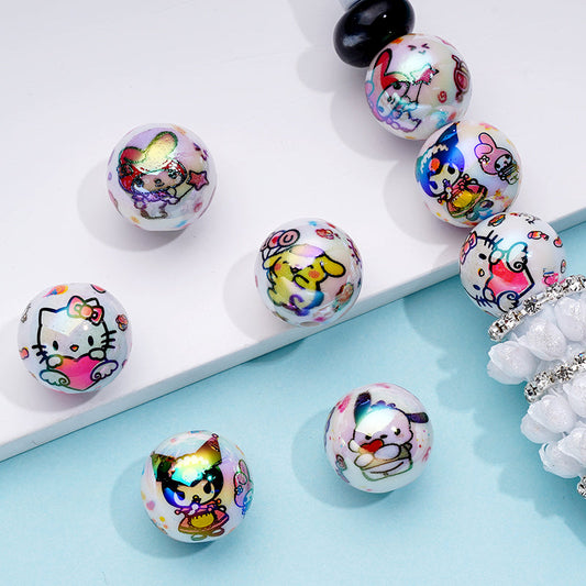 Cute Cat Adorable Character Cartoon UV Finish Round Acrylic Beads, Random Mix, 16MM