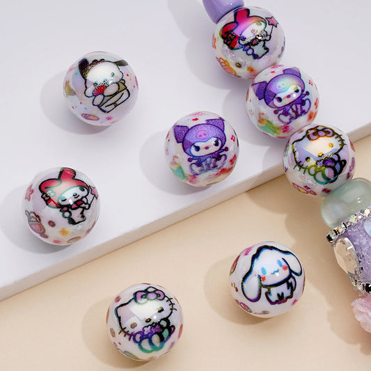 Cute Cat Adorable Character Cartoon Round Shiny Acrylic Beads, Random Mix, 16MM