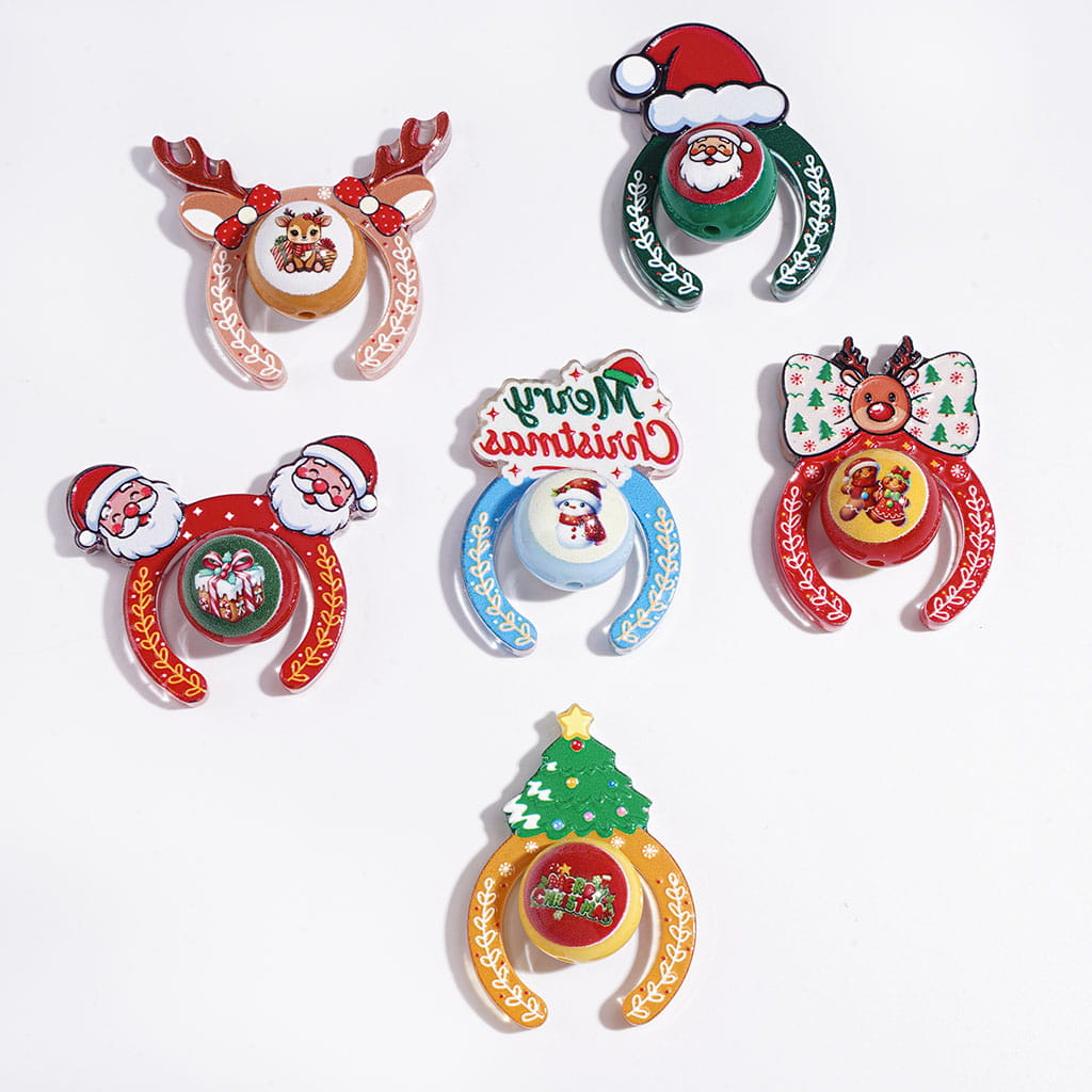 Festive Christmas Theme Character Printed Design Hairband and Round Acrylic Beads Collection Set, , Random Mix
