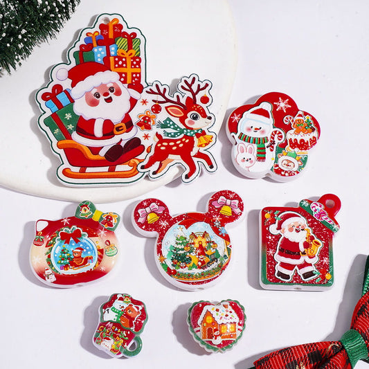 Festive Christmas Theme Reindeer, Snowman, Santa Claus & Gingerbread House Acrylic Beads & Pendants, Variant Designs, Random Mix
