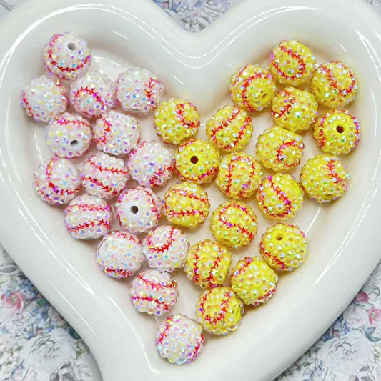 Round Yellow White Baseball with AB Color Rhinestones Bling Bling Acrylic Beads, 16MM