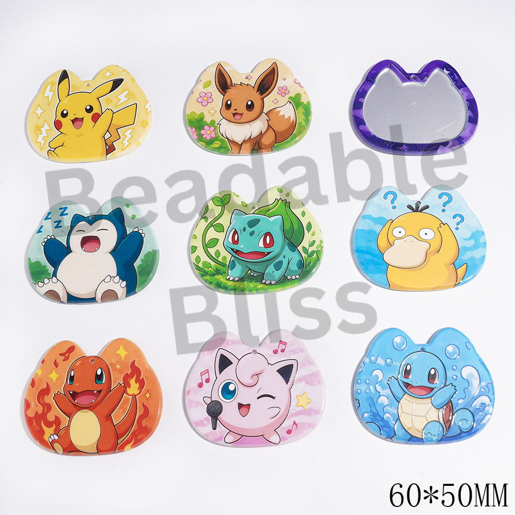 Acrylic Pendants Cat Head Shape with Small Monster Characters Patterns Series, 60*50MM, Random Mix